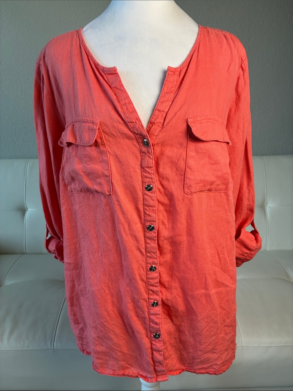 Linen Button-Down Coral Tunic Blouse with Chest Pockets & Roll Tabs